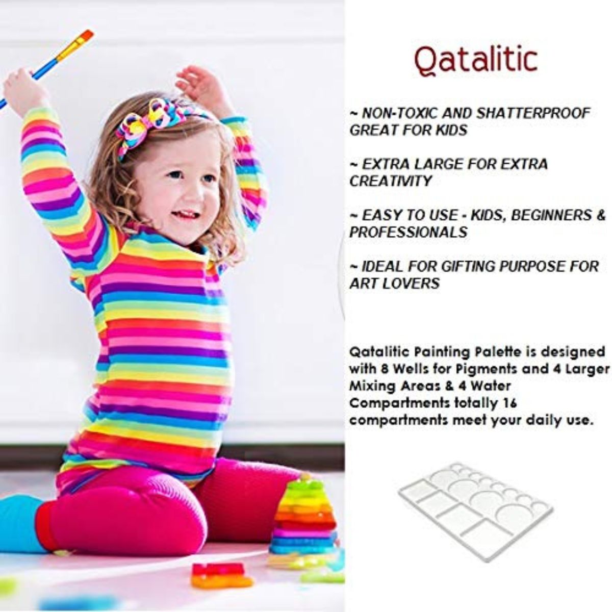 Qatalitic Rectangle Plastic Painting Palette with 16 Well