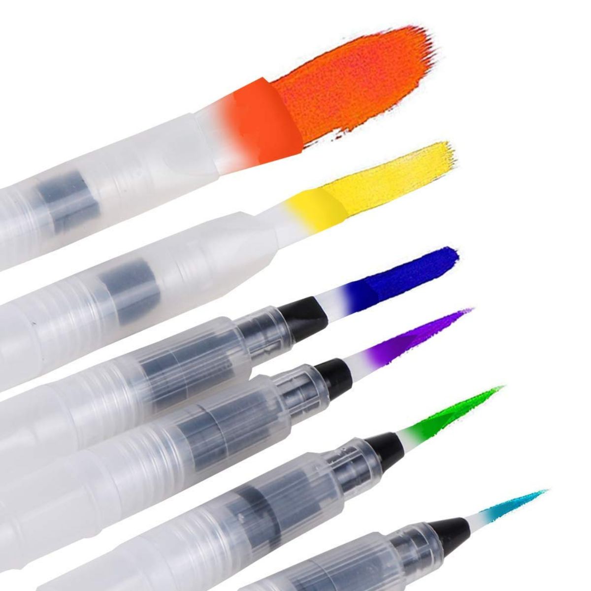 Water Brush Pens – Set of 6 Different Sizes (3 Round Tips and 3 Flat)