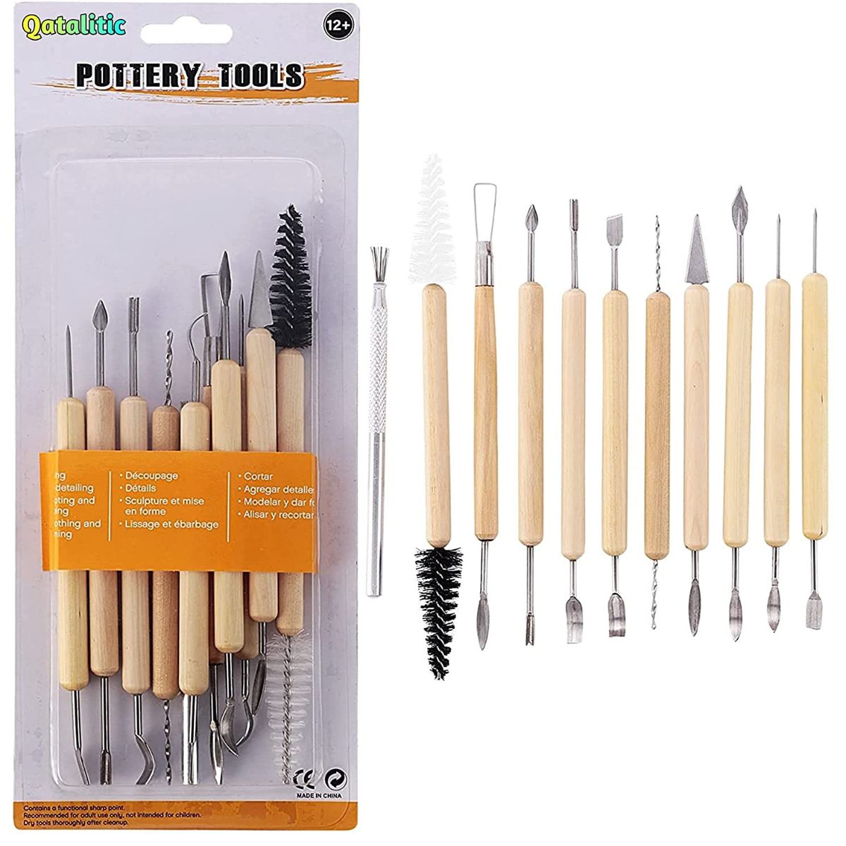 Qatalitic 11 Pcs Ceramic Wooden Handle Professional Tools Kit for Clay Pottery