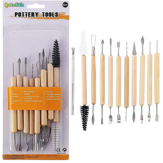 Qatalitic 11 Pcs Ceramic Wooden Handle Professional Tools Kit for Clay Pottery