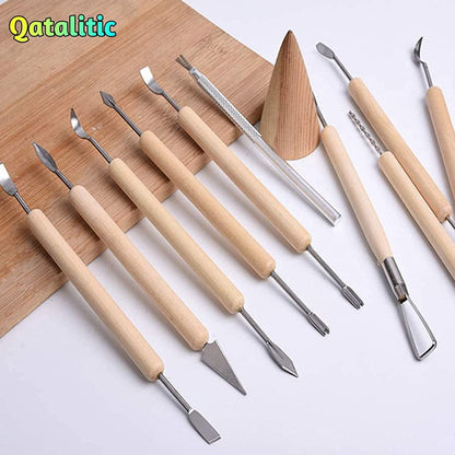 Qatalitic 11 Pcs Ceramic Wooden Handle Professional Tools Kit for Clay Pottery