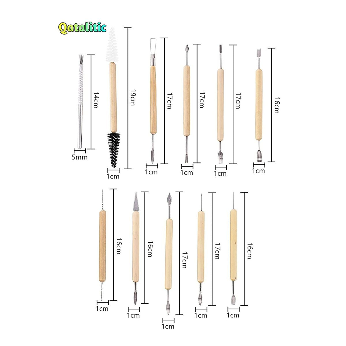 Qatalitic 11 Pcs Ceramic Wooden Handle Professional Tools Kit for Clay Pottery