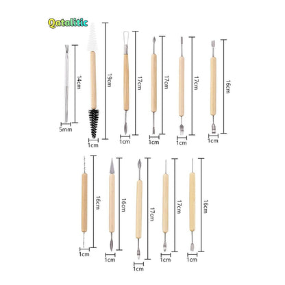 Qatalitic 11 Pcs Ceramic Wooden Handle Professional Tools Kit for Clay Pottery