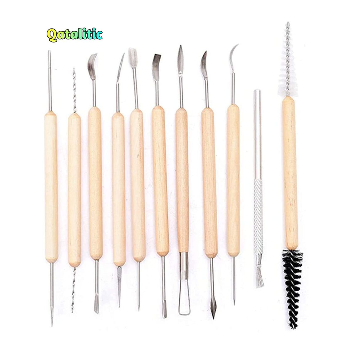 Qatalitic 11 Pcs Ceramic Wooden Handle Professional Tools Kit for Clay Pottery