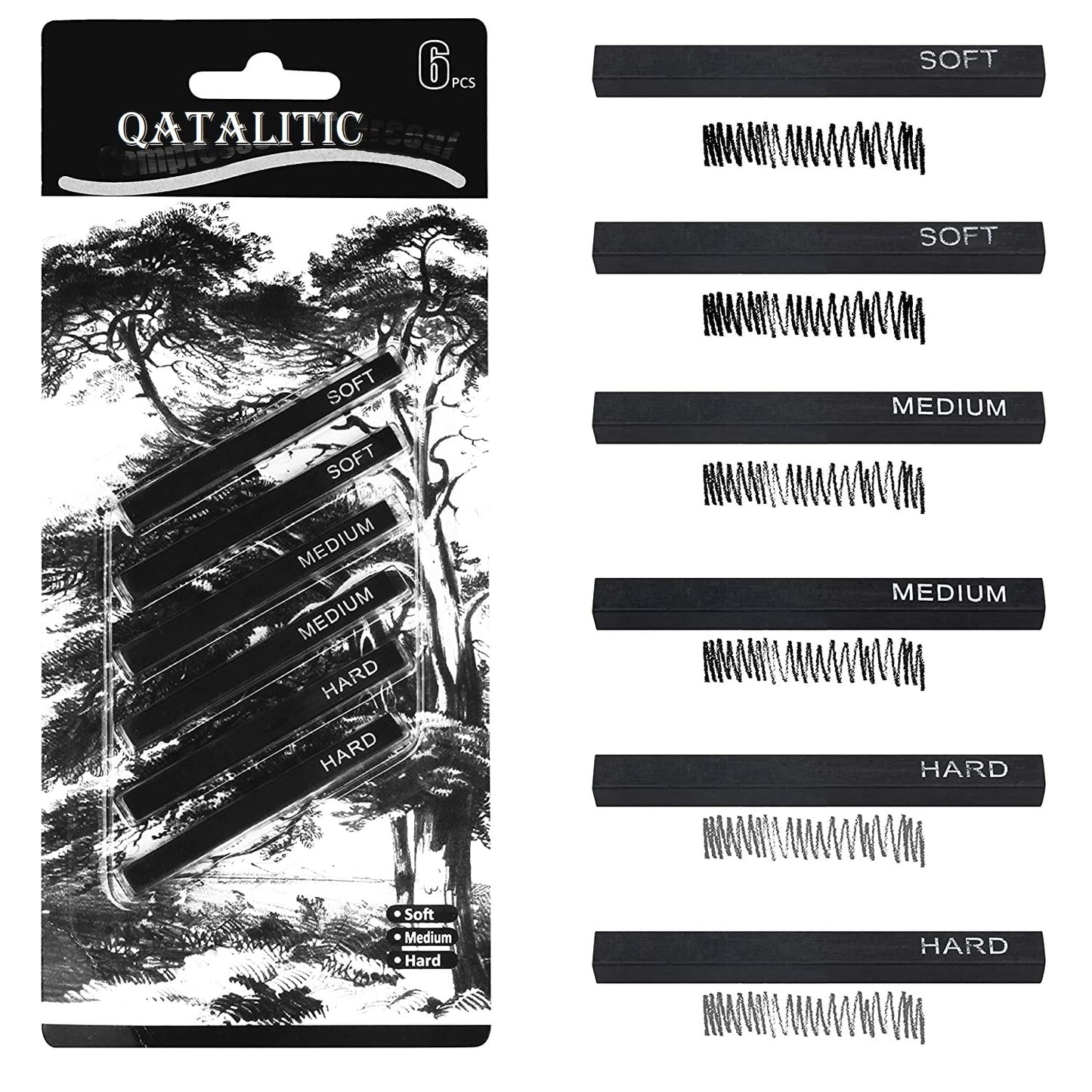 Qatalitic 6 PCS Compressed Charcoal Stick Drawing Charcoal Assorted Hard Medium Soft for Sketching, Drawing, Shading - Black