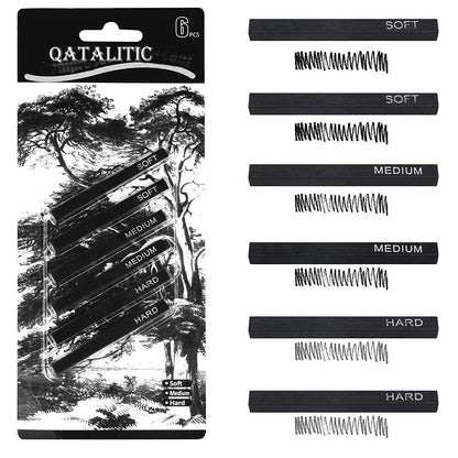 Qatalitic 6 PCS Compressed Charcoal Stick Drawing Charcoal Assorted Hard Medium Soft for Sketching, Drawing, Shading - Black