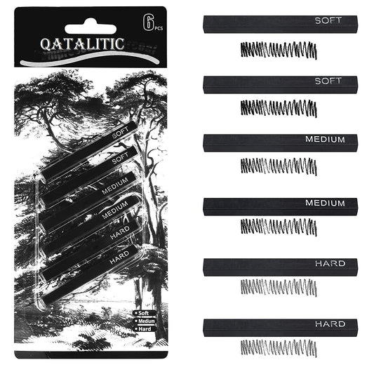 Qatalitic 6 PCS Compressed Charcoal Stick Drawing Charcoal Assorted Hard Medium Soft for Sketching, Drawing, Shading - Black