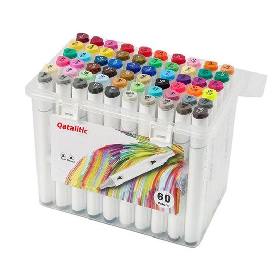 Qatalitic 60 Colours Alcohol Based Markers, Dual Tip Art Marker Set (Fine and Chisel Tip), with Carrying Plastic Box, For DIY Art, Colouring Illustrations, Great Value Pack For Kids, Adults & Students