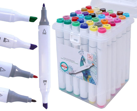 Qatalitic 36 Colours Alcohol Based Markers, Dual Tip Art Marker Set (Fine and Chisel Tip), with Carrying Plastic Box, For DIY Art, Colouring Illustrations, Great Value Pack For Kids, Adults & Students