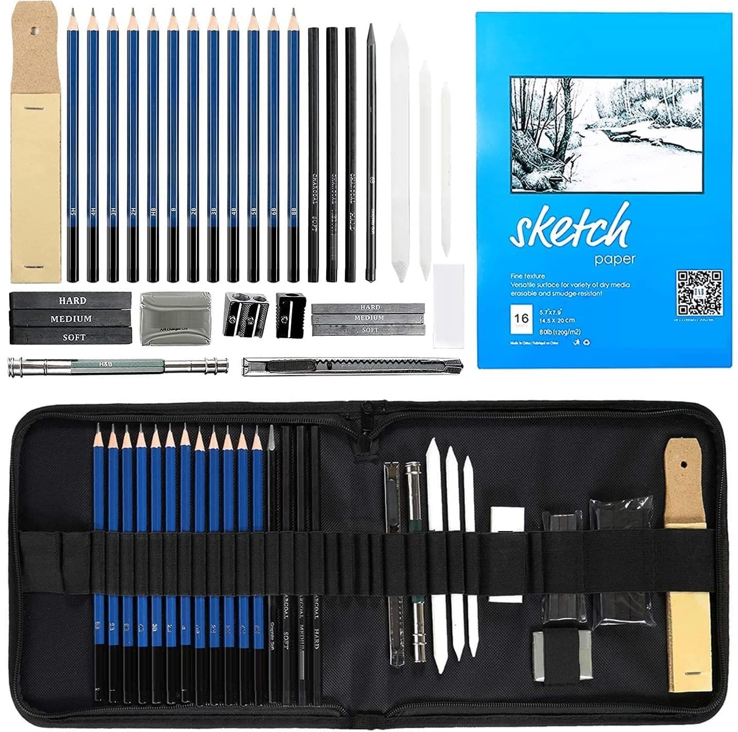 Qatalitic 35 Pcs Art Sketching Kit, Graphite & Charcoal Drawing Pencil Set with Zipper Case, also Includes Eraser, Sketch Book & Other Tools for Artists, for Shading Sketches and Professional Drawings