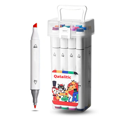 Qatalitic 12 Colours Alcohol Based Markers, Dual Tip Art Marker Set (Fine and Chisel Tip), with Carrying Plastic Box, For DIY Art, Colouring Illustrations, Great Value Pack For Kids, Adults & Students