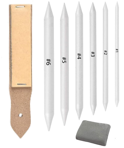 Qatalitic 6 Pcs Blending Paper Stumps Set with Sandpaper & Kneadable Art Eraser, Tortillons Paper Art Blenders & Sandpaper for Pencil Sharpener Pointer, Charcoal Sketch Drawing Tools, for Artists