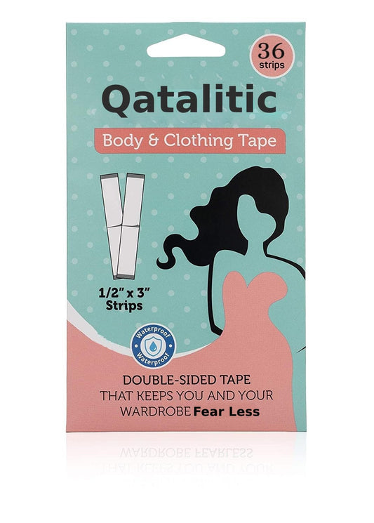 Qatalitic Double Sided Tape For Fashion, Clothing and Body - 36 Strips Pack, Fabric Tape for Women, Gentle to stick on Skin and clothes - Transparent, All Day Strength Tape Adhesive