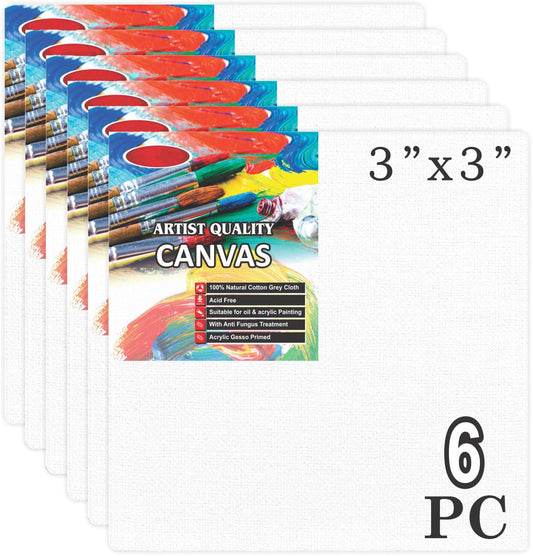 Qatalitic Set of 6 pc. 3 x 3 inch Canvas Board, 100% Cotton, Acid Free, Blank White Mini Canvases for Oil, Acrylic & Watercolour Paint