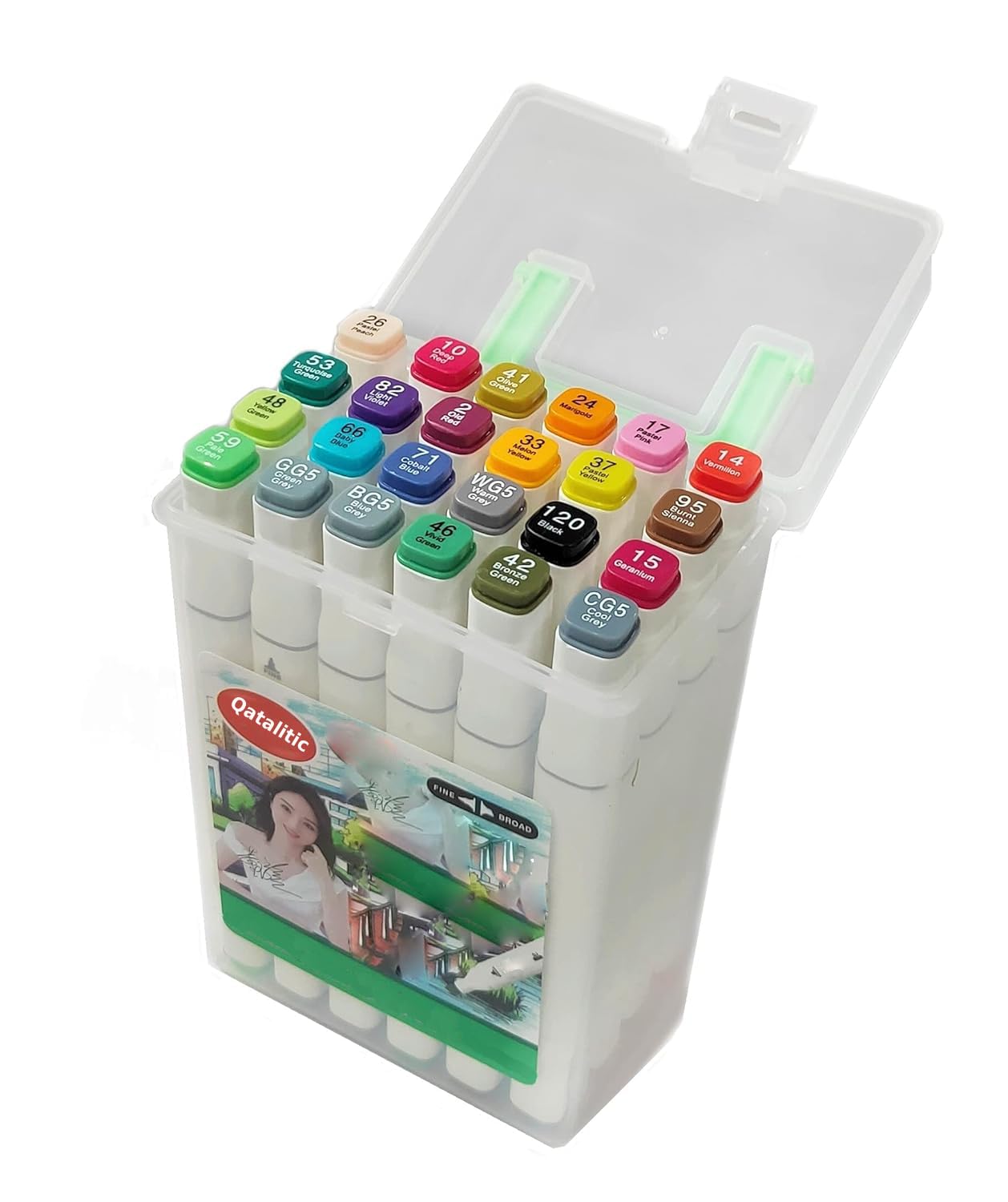Qatalitic 24 Colours Alcohol Based Markers, Dual Tip Art Marker Set (Fine and Chisel Tip), with Carrying Plastic Box, For DIY Art, Colouring Illustrations, Great Value Pack For Kids, Adults & Students