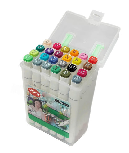 Qatalitic 24 Colours Alcohol Based Markers, Dual Tip Art Marker Set (Fine and Chisel Tip), with Carrying Plastic Box, For DIY Art, Colouring Illustrations, Great Value Pack For Kids, Adults & Students