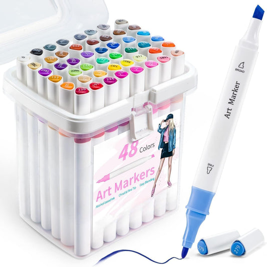 Qatalitic 48 Colours Alcohol Based Markers, Dual Tip Art Marker Set (Fine and Chisel Tip), with Carrying Plastic Box, For DIY Art, Colouring Illustrations, Great Value Pack For Kids, Adults & Students