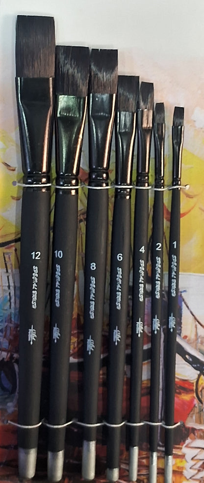 Qatalitic 7 Pcs Flat Paint Brush, Black and Matty Wooden Handle Brush Set, Size of (1,2,4,6,8,10,12), for Watercolour, Acrylic Colour, Poster Making and Oil Painting