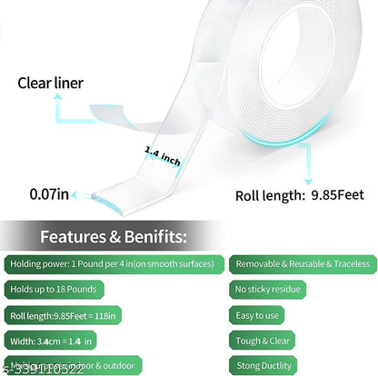 Qatalitic Double Sided Adhesive Tape 3 Meter x 1.4 inch Heavy Duty, Clear & Tough Nano, Removable, Reusable and Washable Transparent Adhesive Tape for DIY Art & Craft, Mounting Tape for Kitchen, Home Decor