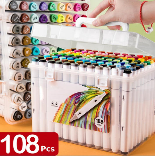 Qatalitic 108 Colours Alcohol Based Markers, Dual Tip Art Marker Set (Fine and Chisel Tip), with Carrying Plastic Box, For DIY Art, Colouring Illustration, Great Value Pack For Kids, Adults & Students