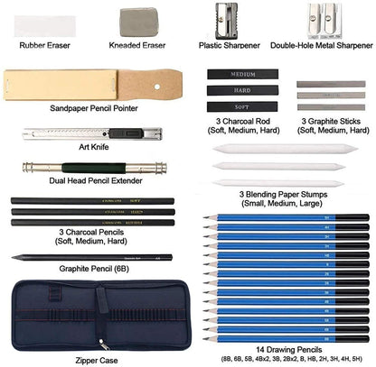Qatalitic 35 Pcs Art Sketching Kit, Graphite & Charcoal Drawing Pencil Set with Zipper Case, also Includes Eraser, Sketch Book & Other Tools for Artists, for Shading Sketches and Professional Drawings