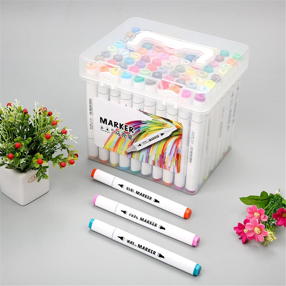 Qatalitic 48 Colours Alcohol Based Markers, Dual Tip Art Marker Set (Fine and Chisel Tip), with Carrying Plastic Box, For DIY Art, Colouring Illustrations, Great Value Pack For Kids, Adults & Students
