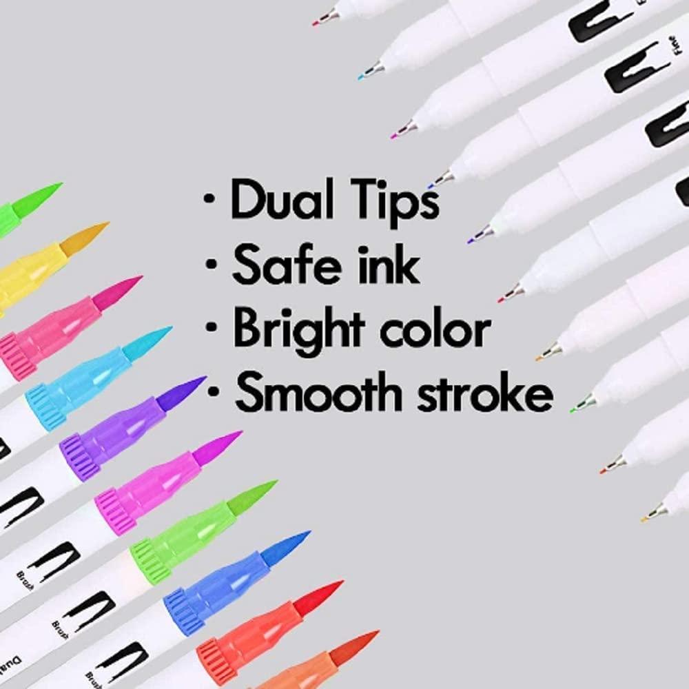 Qatalitic Set of 12 Dual Tip Brush Marker Pens, Brush Tip with Fine Liner 0.4 mm and Markers Pen with 1-2 mm Tip, Double Ended Painting Pen, Used for Drawing, Sketching