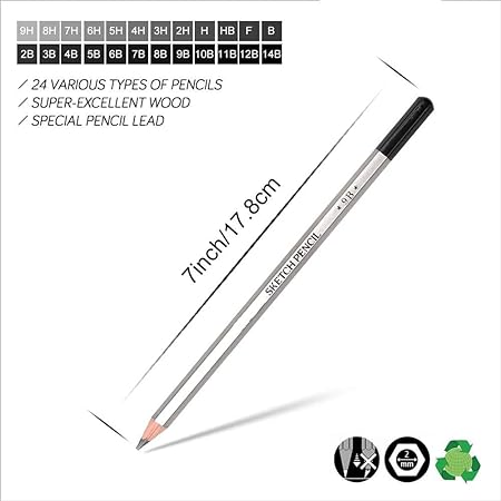 Qatalitic Set of 24 Sketching Pencils for Drawing and Fine Art, for Students, Professionals and Artists