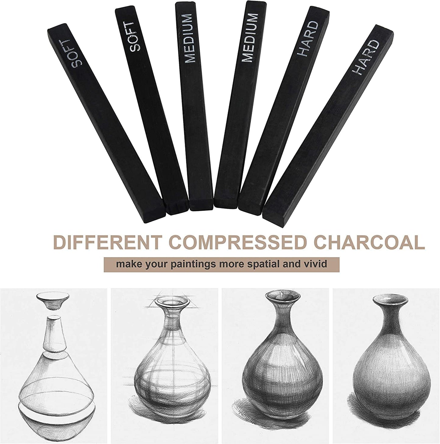 Qatalitic 6 PCS Compressed Charcoal Stick Drawing Charcoal Assorted Hard Medium Soft for Sketching, Drawing, Shading - Black