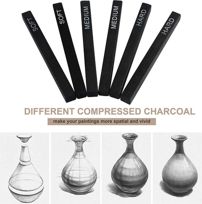 Qatalitic 6 PCS Compressed Charcoal Stick Drawing Charcoal Assorted Hard Medium Soft for Sketching, Drawing, Shading - Black