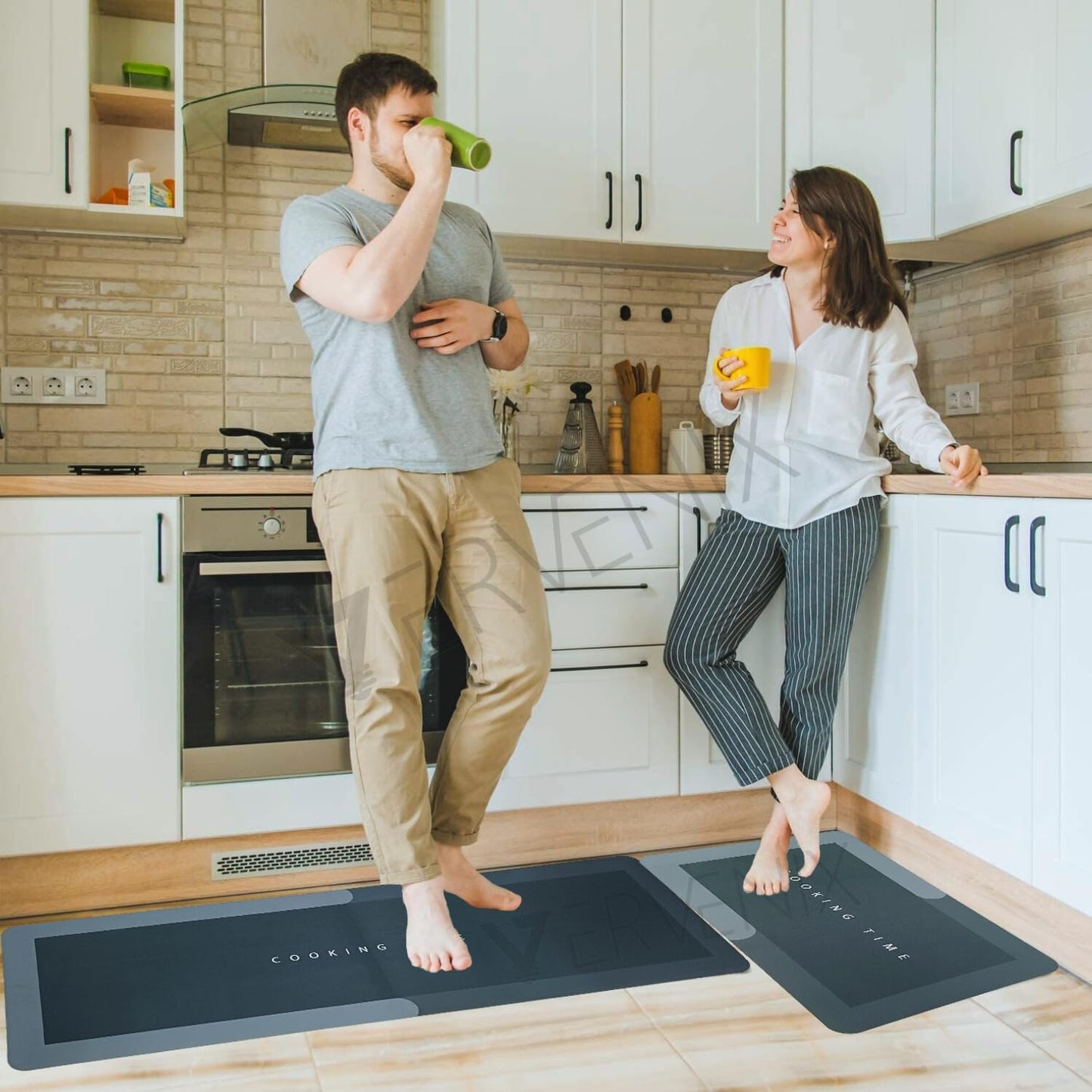 Verixpress 2 Pcs Kitchen Mats Set – Waterproof Memory Foam Anti-Fatigue Mat Non-Slip Rug for Kitchen, Sink, Laundry & Home Office – 120x40 cm + 40x60 cm (Cooking Time Design)