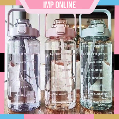 Veriexpress Stylish Plastic 2 L Capacity Belt Straw Transparent Motivational Water Bottles|Time Marker Leak Proof&Break-Proof|Best Usage For Office/School/Gym/Travel Bottle|Bpa-Free Fitness Sports Bottle