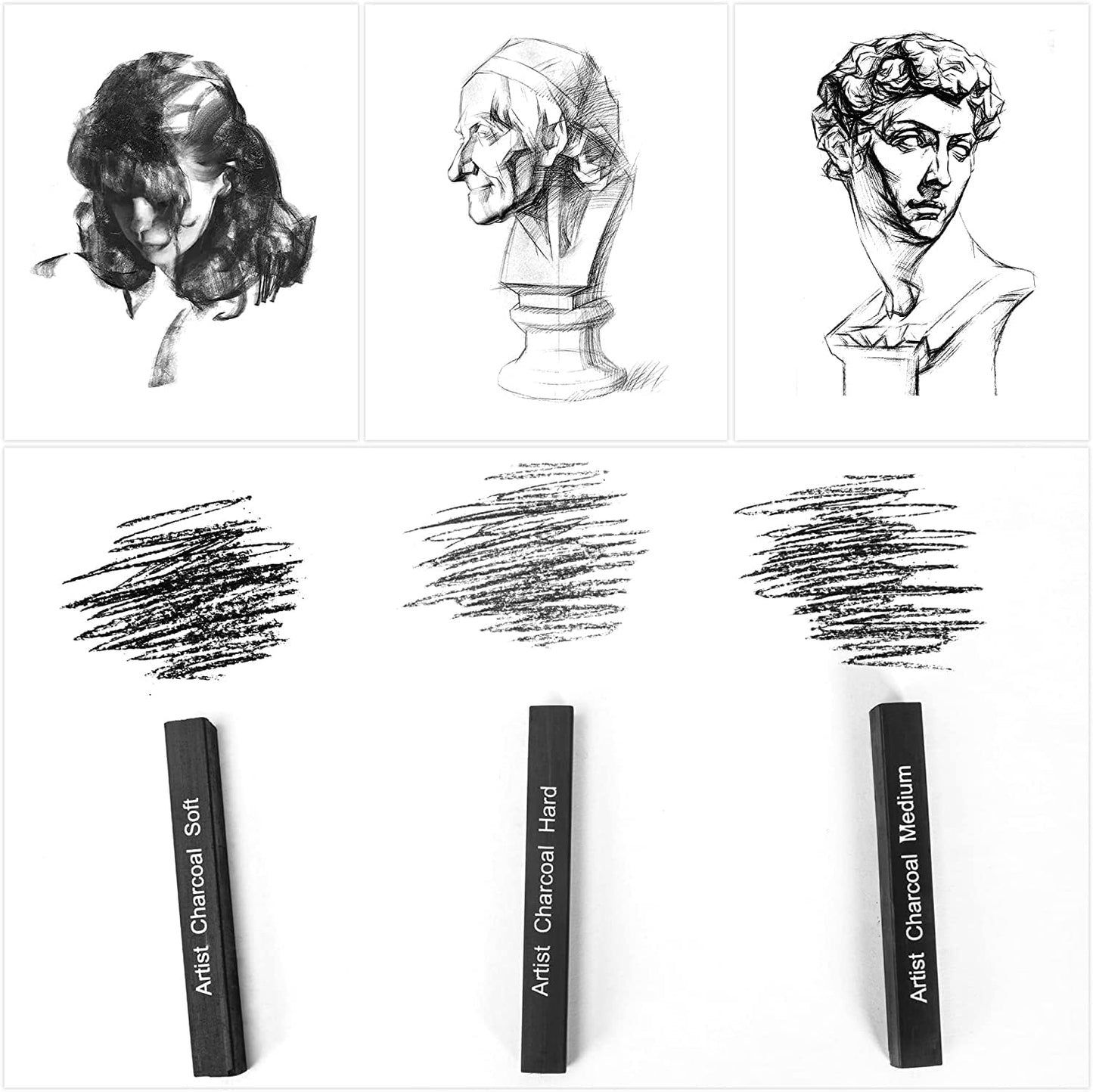 Qatalitic 6 PCS Compressed Charcoal Stick Drawing Charcoal Assorted Hard Medium Soft for Sketching, Drawing, Shading - Black