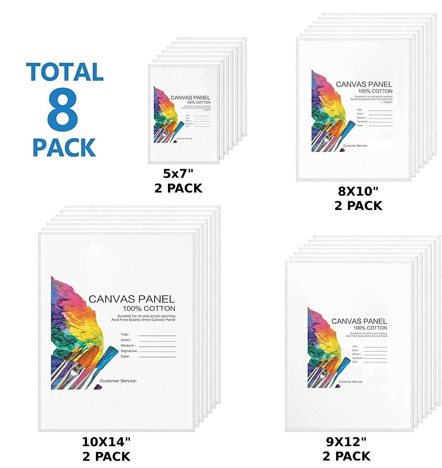 Qatalitic Cotton Canvas Boards for Painting, Pack of 8 Pcs. (2 Each x (5x7, 8x10, 9x12, 10x14 inches) - Multi Pack Art Paint Canvas Boards Set, 100% Cotton Blank Canvases for Oil, Acrylic