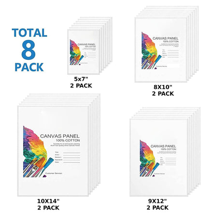 Qatalitic Cotton Canvas Boards for Painting, Pack of 8 Pcs. (2 Each x (5x7, 8x10, 9x12, 10x14 inches) - Multi Pack Art Paint Canvas Boards Set, 100% Cotton Blank Canvases for Oil, Acrylic