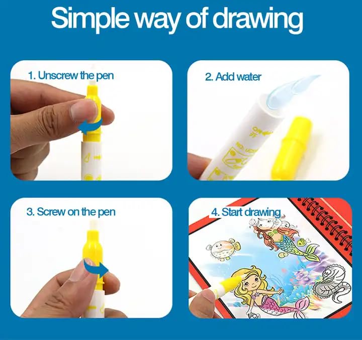 Qatalitic 4 Pcs Magic Water Coloring Books for Kids, Reusable Water Painting Drawing Book, with Doodle Pen, for Toddlers Aged 2-10 Years, Educational Toy for Growing Kids