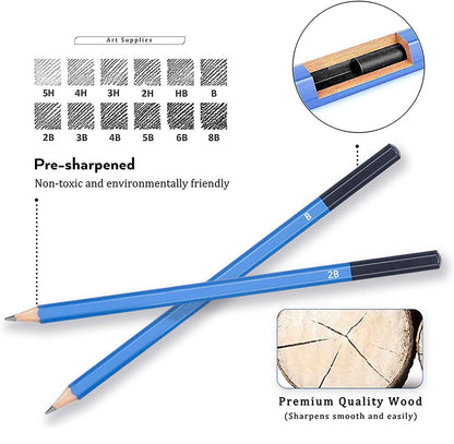 Qatalitic 35 Pcs Art Sketching Kit, Graphite & Charcoal Drawing Pencil Set with Zipper Case, also Includes Eraser, Sketch Book & Other Tools for Artists, for Shading Sketches and Professional Drawings