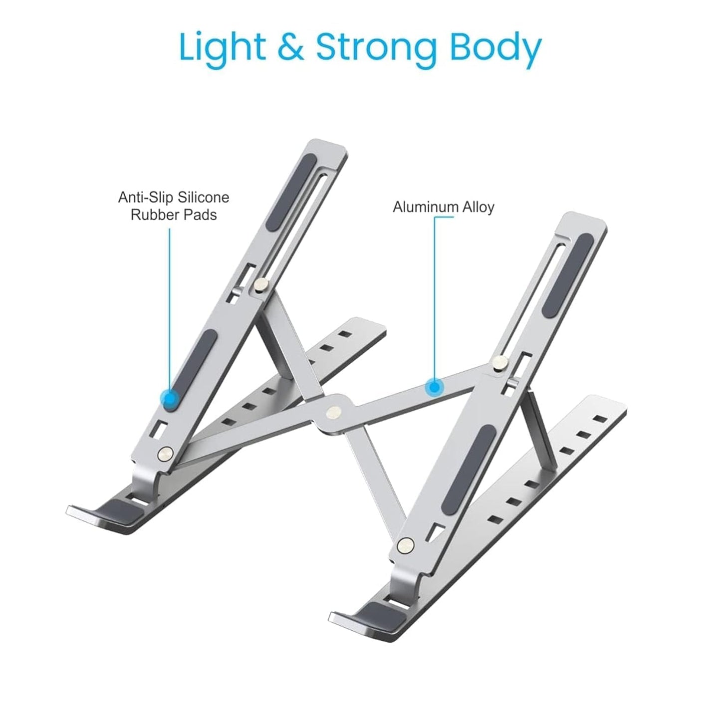 Qatalitic Portable Metal Frame Laptop Stand Holder, Multi Level Adjustable Aluminum Ergonomic Foldable Stand, OverHeating Protection for All Laptops and for Multifunction Use (Silver)