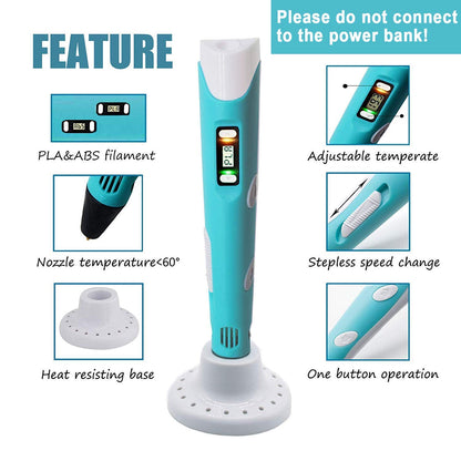 Qatalitic 3D Printing Pen with USB Cable, LCD Display with Free Refill PLA Filaments, Easy to Use for Kids to Doodle and Sketch in 3D, Ready to Create (Random Color)