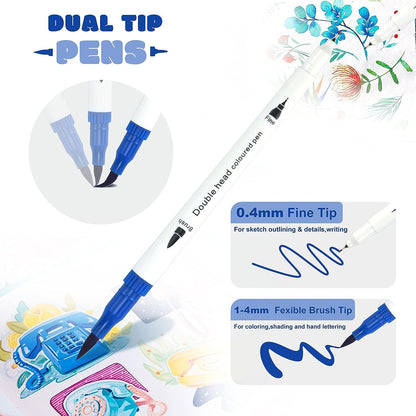 Qatalitic Set of 12 Dual Tip Brush Marker Pens, Brush Tip with Fine Liner 0.4 mm and Markers Pen with 1-2 mm Tip, Double Ended Painting Pen, Used for Drawing, Sketching