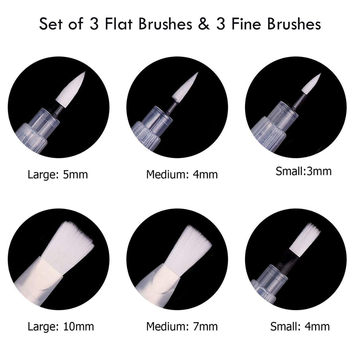 Water Brush Pens – Set of 6 Different Sizes (3 Round Tips and 3 Flat)