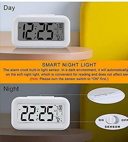 Qatalitic Digital Alarm Clock, Table Clock with Automatic Sensor, Date and Temperature Display, Compact Desk Clock for Students,Home, Office, Bedroom, Living Room,Home Decor, Corporate Use (White Digital)
