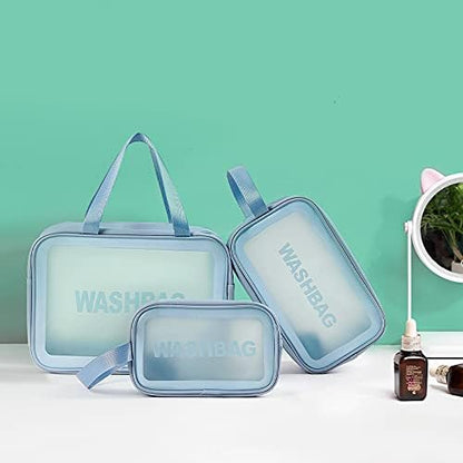 VeriXpress Set of 3 Clear Travel Makeup Pouch Set, Make up Bag for Home & Travel, Toiletries Organizer for Cosmetic, Bag for Women and Girls Toiletry Storage Kit (3, Blue)