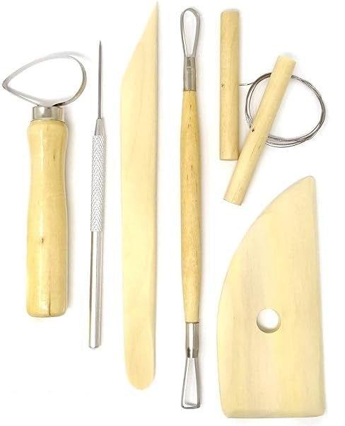 Qatalitic 8 Pcs Wooden Pottery Tool Kit with Sponge, for Sculpting Clay Tool Set, Includes Cutting, Modeling, Trimming, Smoothing, Cleaning, Carving and Shaping Tools