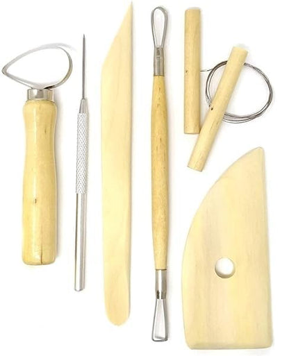 Qatalitic 8 Pcs Wooden Pottery Tool Kit with Sponge, for Sculpting Clay Tool Set, Includes Cutting, Modeling, Trimming, Smoothing, Cleaning, Carving and Shaping Tools