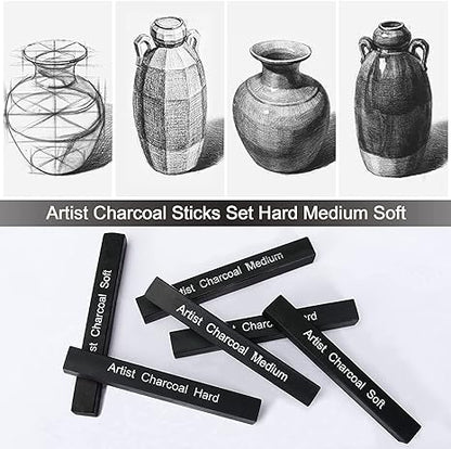 Qatalitic 6 PCS Compressed Charcoal Stick Drawing Charcoal Assorted Hard Medium Soft for Sketching, Drawing, Shading - Black