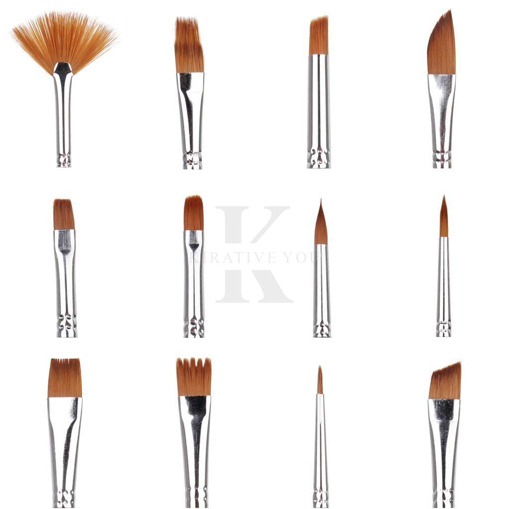 Qatalitic 12 Pcs Paint Brush, Wooden Handle Mix Synthetic Hair Paintbrush Set of 12 Round, Filbert, Fan Nylon Bristles, For Canvas, Watercolour, Acrylic and Oil Painting