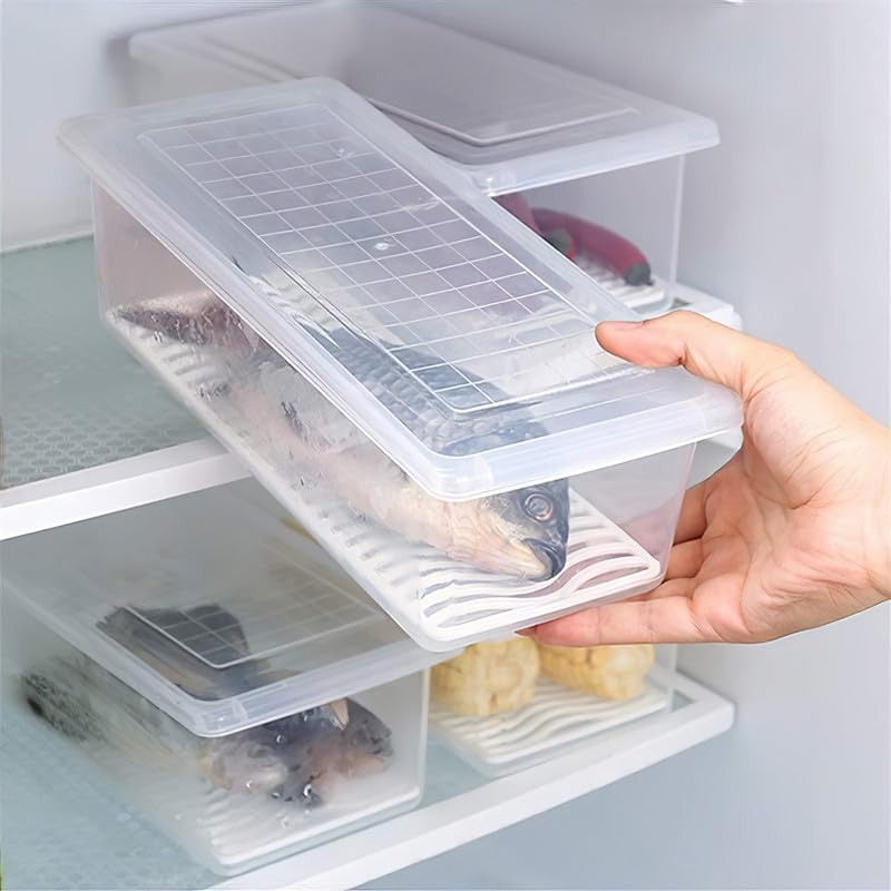 Qatalitic Fridge Storage Containers (Pack of 6), Fridge Organiser Storage Boxes with Removable Drain Plate, Lids, Stackable Organizer, Fridge Storage Box Keep Fruits, Vegetables Fresher, 1500 ML