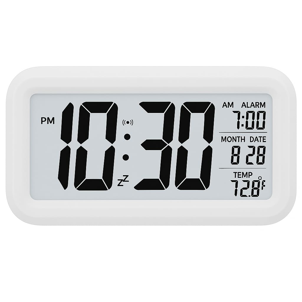 Qatalitic Digital Alarm Clock, Table Clock with Automatic Sensor, Date and Temperature Display, Compact Desk Clock for Students,Home, Office, Bedroom, Living Room,Home Decor, Corporate Use (White Digital)