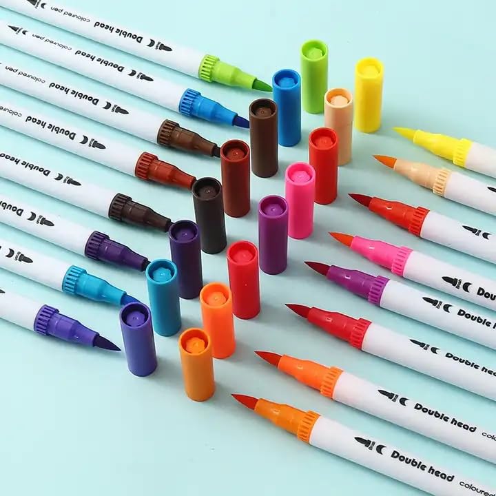 Qatalitic Dual Tip Brush Pens - 24 Color Felt Tip Pen Set with Fineliners, Watercolor Marker, And Highlighters - Ideal for Coloring, Drawing, Sketching, And Calligraphy, Multicolor